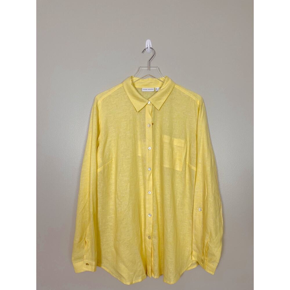 NWT Susan Graver Light Yellow Linen Blend Button Up Shirt Size Large